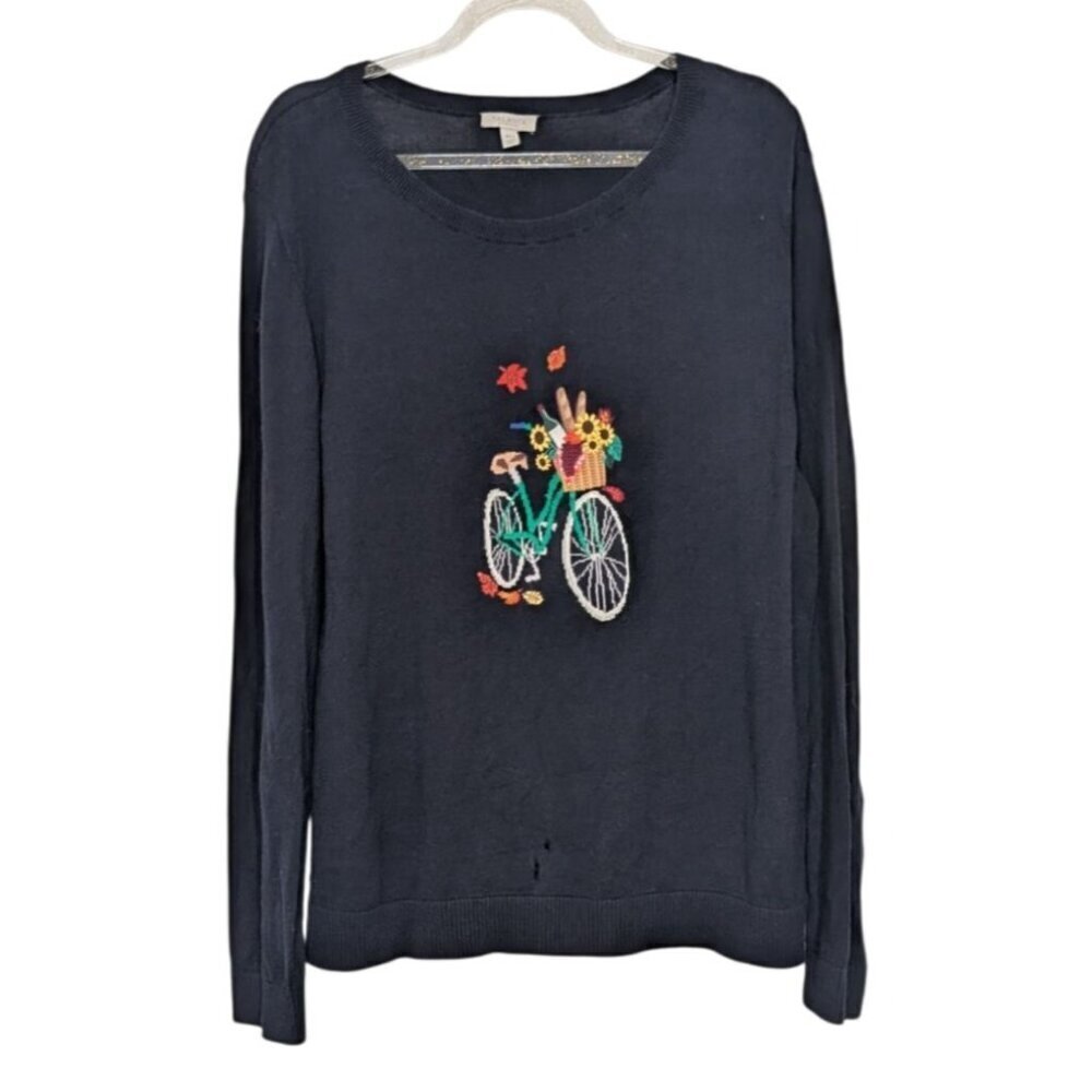 Talbots Bicycle Jacquard Sweater Womens Petite Size XL Blue Floral Crew Neck